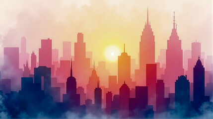 Fototapeta premium Colorful watercolor skyline at sunset with silhouettes of iconic buildings in a vibrant city