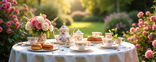 Elegant afternoon tea set in a serene garden with roses and pastries during golden hour