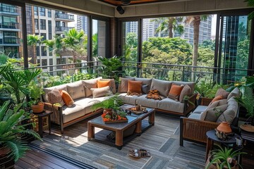 Fototapeta premium Luxurious Outdoor Patio Furniture Surrounded By Lush Greenery