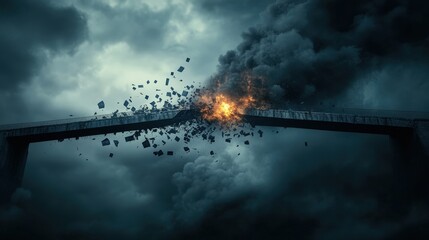 A dramatic scene of a bridge exploding amidst dark clouds, showcasing chaos and destruction in a powerful visual composition.