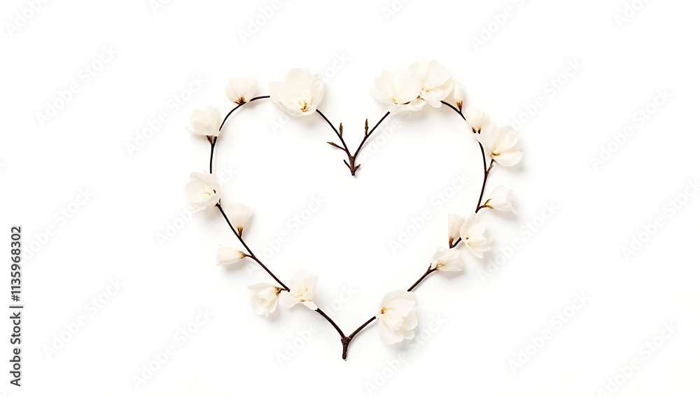 Poster a delicate design features a heart shape surrounded by flowers, a dry branch, and set against a clea
