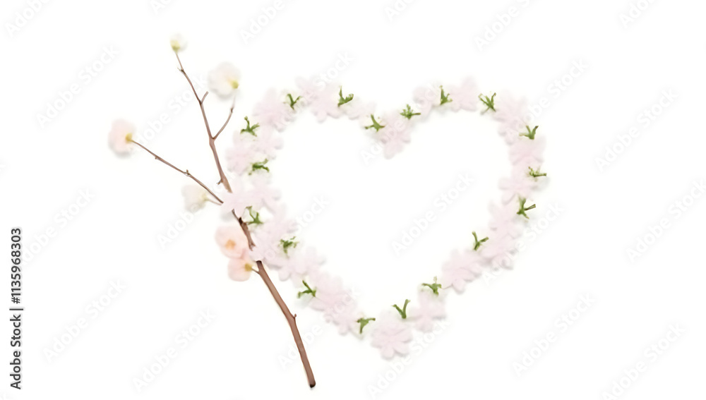 Poster a delicate design features a heart shape surrounded by flowers, a dry branch, and set against a clea