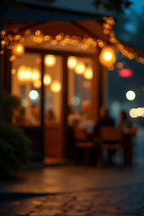 Naklejka premium A café is blurred by soft golden lighting at night, its atmosphere tranquil and inviting to passersby._00016_