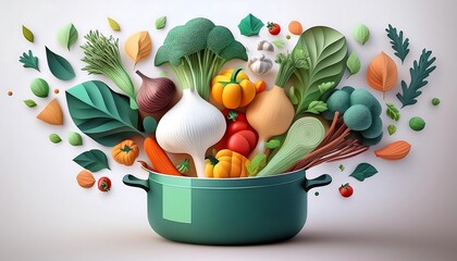 A paper-cut style illustration of various fresh vegetables emerging from a cooking pot, set against a white background