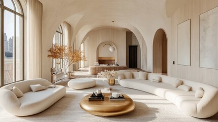 A warm mid-century modern living room with stylish arched seating, gold lighting fixtures, and minimalist decor for a timeless appeal.