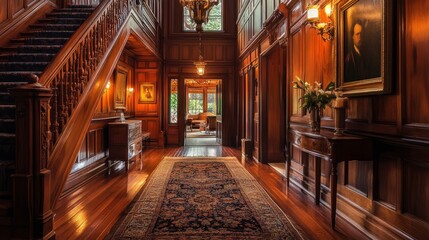 Obraz premium A warm, old-fashioned hallway featuring rich wooden paneling, vintage wall art, and soft ambient lighting creating a cozy and timeless atmosphere.