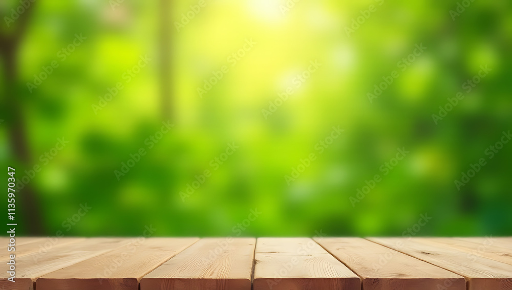 Aufkleber a blurred wood table top with an abstract green background from a garden scene is suitable for a pro