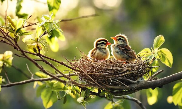 Two baby birds nestled in a spring tree, bathed in sunlight.