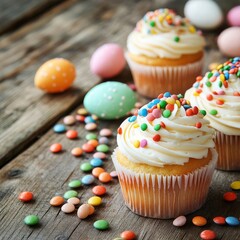 Easter-themed cupcakes with colorful eggs and sweets on a wood table