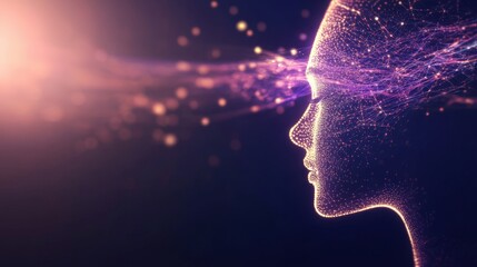 A glowing profile of a human head surrounded by vibrant particles, symbolizing creativity, knowledge, and the fusion of technology and consciousness.