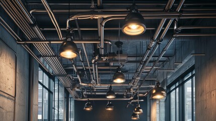 Obraz premium Artistic industrial ceiling design showcasing electrical wiring conduits, elegant junction boxes, sleek plumbing lines, and avant-garde exhibition lamps.