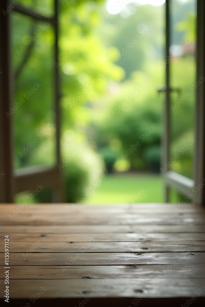 Aufkleber A blurred green garden scene is visible through a window opposite an empty wooden table in an abstract style._00002_