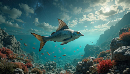 Obraz premium Bird with fish tail flying in surreal underwater world