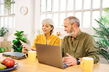 Senior couple managing finances and bills with laptop at home