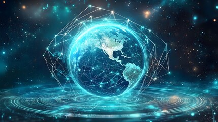 Obraz premium Mobile global internet communications. World wide web on phone via wireless satellite network technology. Smartphone digital connection at clouds services of all earth. Holographic abstract interface