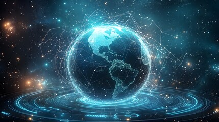 Obraz premium Mobile global internet communications. World wide web on phone via wireless satellite network technology. Smartphone digital connection at clouds services of all earth. Holographic abstract interface