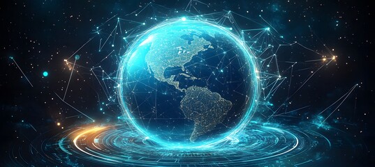 Obraz premium Mobile global internet communications. World wide web on phone via wireless satellite network technology. Smartphone digital connection at clouds services of all earth. Holographic abstract interface