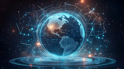 Obraz premium Mobile global internet communications. World wide web on phone via wireless satellite network technology. Smartphone digital connection at clouds services of all earth. Holographic abstract interface