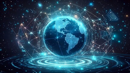 Obraz premium Mobile global internet communications. World wide web on phone via wireless satellite network technology. Smartphone digital connection at clouds services of all earth. Holographic abstract interface