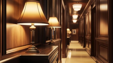 Cozy, classic hallway design featuring rich wood paneling, vintage lamps, and warm lighting that adds depth and a nostalgic ambiance to the space.