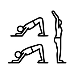 sun salutation sequence - simple black line art icon of sun salutation sequence, for yoga daycelebrations. yoga vector art.