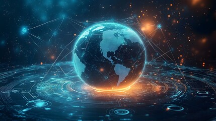  Mobile global internet communications. World wide web on phone via wireless satellite network technology. Smartphone digital connection at clouds services of all earth. Holographic abstract interface