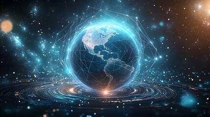 Obraz premium Mobile global internet communications. World wide web on phone via wireless satellite network technology. Smartphone digital connection at clouds services of all earth. Holographic abstract interface