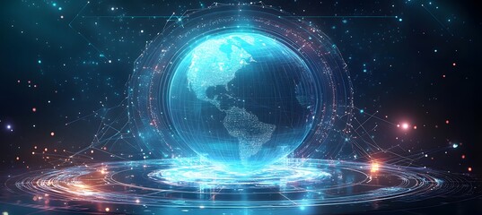 Obraz premium Mobile global internet communications. World wide web on phone via wireless satellite network technology. Smartphone digital connection at clouds services of all earth. Holographic abstract interface