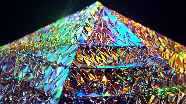 Iridescent bismuth oxide texture video, featuring rainbow metallics and stepped pyramid patterns with 360-degree camera movement and dynamic lighting