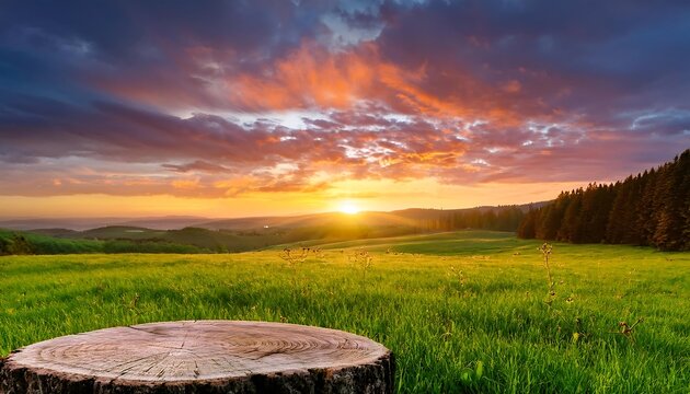 A serene nature scene with a tree stump, green field, and a vibrant sunset backdrop