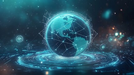  Mobile global internet communications. World wide web on phone via wireless satellite network technology. Smartphone digital connection at clouds services of all earth. Holographic abstract interface