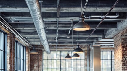Industrial chic ceiling featuring electrical wiring conduits, compact junction boxes, visible plumbing lines, and artistic exhibition lamps for a bold aesthetic.