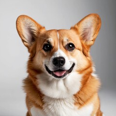 Closeup of happy corgi dog on neutral background 