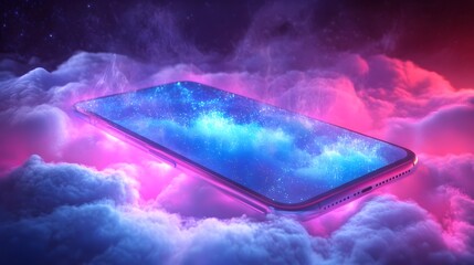  Mobile global internet communications. World wide web on phone via wireless satellite network technology. Smartphone digital connection at clouds services of all earth. Holographic abstract interface