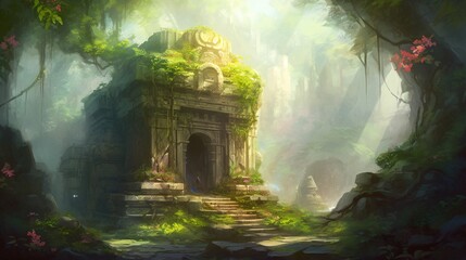 Obraz premium landscape with castle ancient overgrown temple deep in the jungle