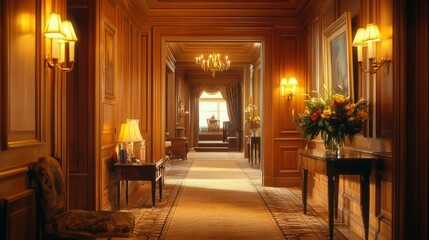 Fototapeta premium Inviting old-fashioned hallway with smooth wood-paneled walls, classic furnishings, and soft golden lighting that enhances the timeless appeal.