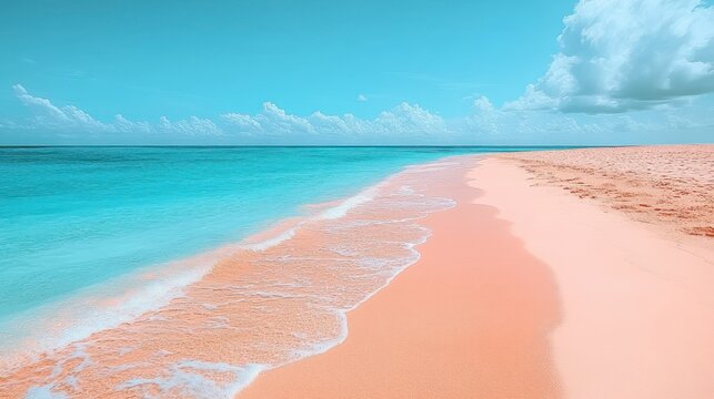 Pastel pink beach meets turquoise ocean under a vibrant blue sky. - Powered by Adobe