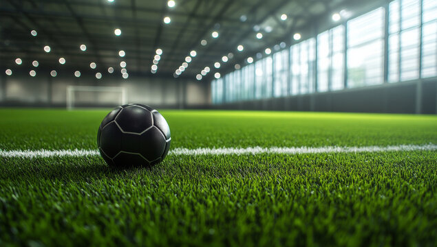 soccer ball rests on vibrant green grass, ready for play in indoor field