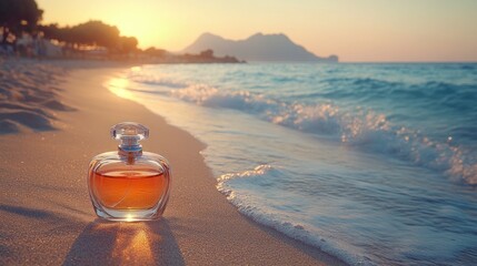 Obraz premium Perfume bottle on beach at sunset.