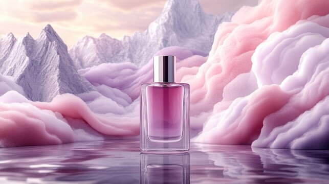 Pink and purple perfume bottle on a reflective surface, amongst abstract mountains and clouds.