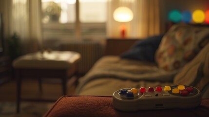 Close-up of joystick controller on gaming console with colorful game icons, symbolizing entertainment and leisure in modern living room setup.