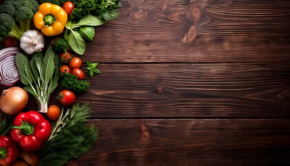 An arrangement of various vegetables and herbs on a wooden surface, with a significant blank space.