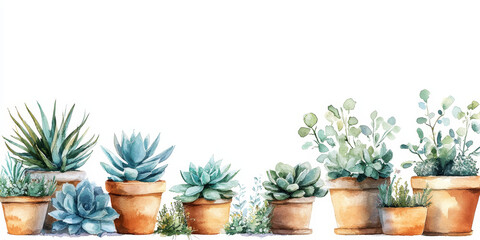 Obraz premium Watercolor painting of potted succulents and greenery