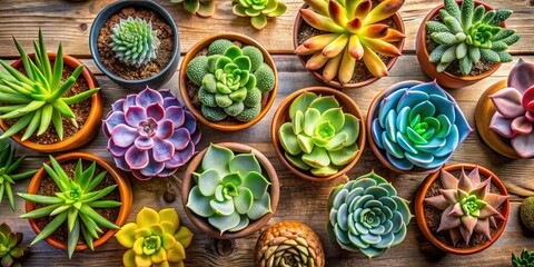 Atop a wooden table, bright light illuminates a variety of potted succulents.