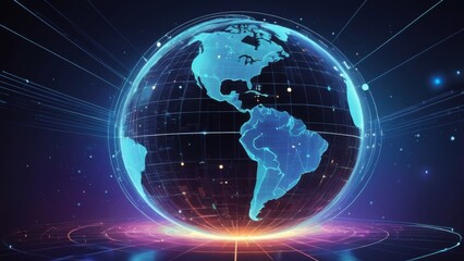 Obraz premium A conceptual representation of the potential of the internet, featuring a glowing globe made up of interconnected digital lines, symbols, and icons representing various aspects of the online world. Th