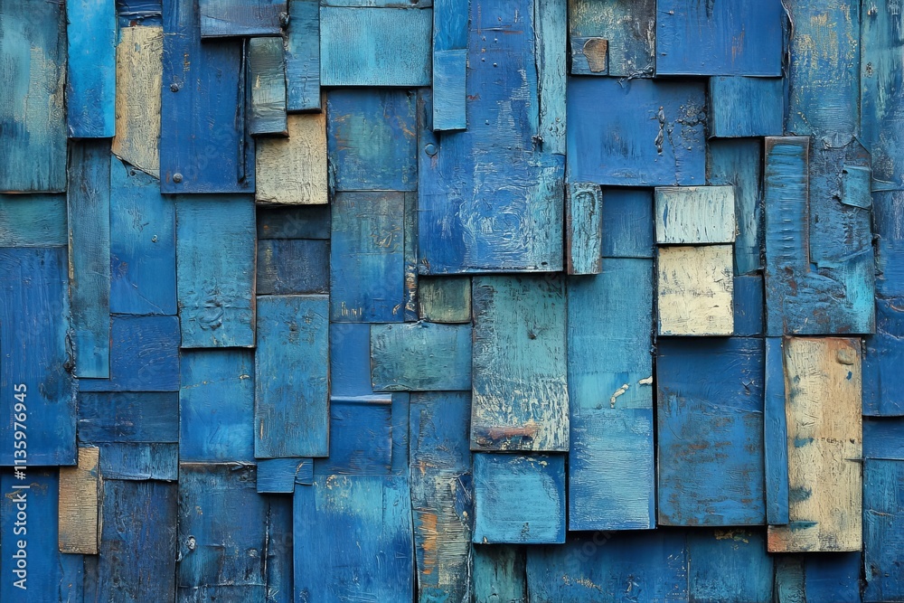 Poster Unique blue wood texture showcases diverse shades and patterns in an artistic display of color and form