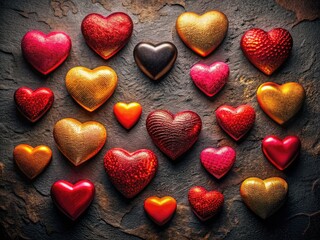 Fototapeta premium Celebrate Valentine's Day with this dark, romantic card featuring textured black hearts.