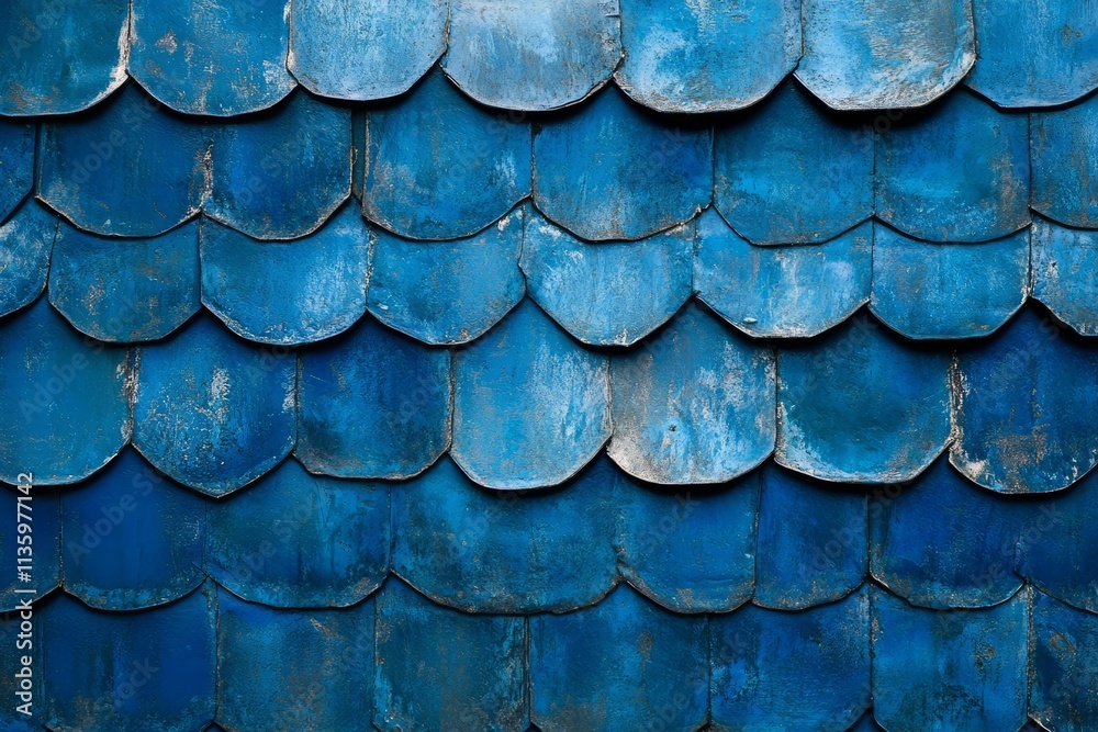 Poster Beautiful texture of layered blue shingles created in an artistic design showcasing intricate craftsmanship and rich color variations