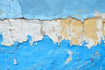Obraz premium Textured blue wall with peeling paint and hints of cream revealing age and wear over time