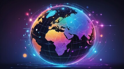 Naklejka premium A conceptual representation of the potential of the internet, featuring a glowing globe made up of interconnected digital lines, symbols, and icons representing various aspects of the online world. Th